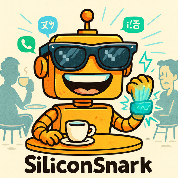 Cartoon illustration of the SiliconSnark robot wearing Meta Ray-Ban Display glasses and a glowing Neural Band wristband while sipping coffee at a café.