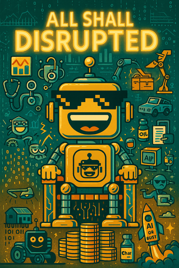 Cartoon-style SiliconSnark robot on a golden circuit throne surrounded by chaotic icons of 20 industries under AI disruption with a glowing “ALL SHALL BE DISRUPTED” sign.
