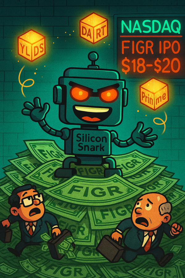 Cartoon SiliconSnark robot with glowing red eyes juggles blockchain cubes atop FIGR stock certificates as bankers panic below a Nasdaq IPO sign.