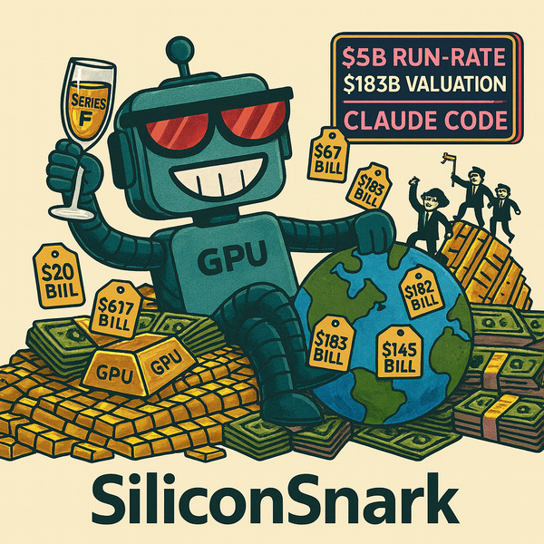 Cartoon SiliconSnark robot lounges on cash and GPU bars, sipping Series F champagne beside a globe with country price tags and a neon $183B valuation ticker.
