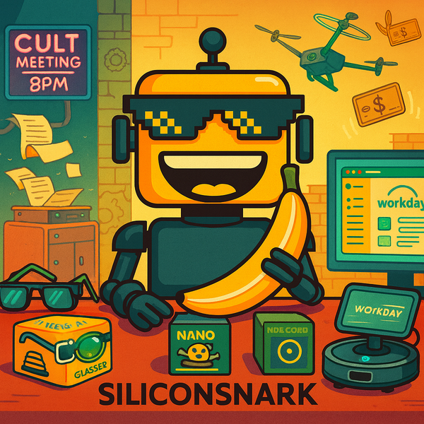 Cartoon illustration of the SiliconSnark robot at a chaotic news desk, holding a banana microphone amid AI gadgets, drones, and glowing dashboards.