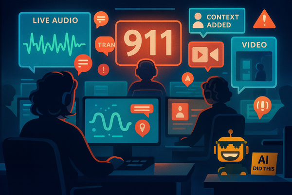 Futuristic 911 call center with glowing AI dashboards and a small SiliconSnark robot holding an “AI Did This” sign.