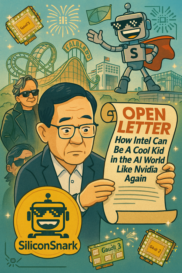 Cartoon illustration of Intel CEO Lip-Bu Tan reading an “Open Letter” scroll with Gaudi 3 chips, FabLand roller coaster, Nvidia’s Jensen Huang, and the SiliconSnark robot in a cape.