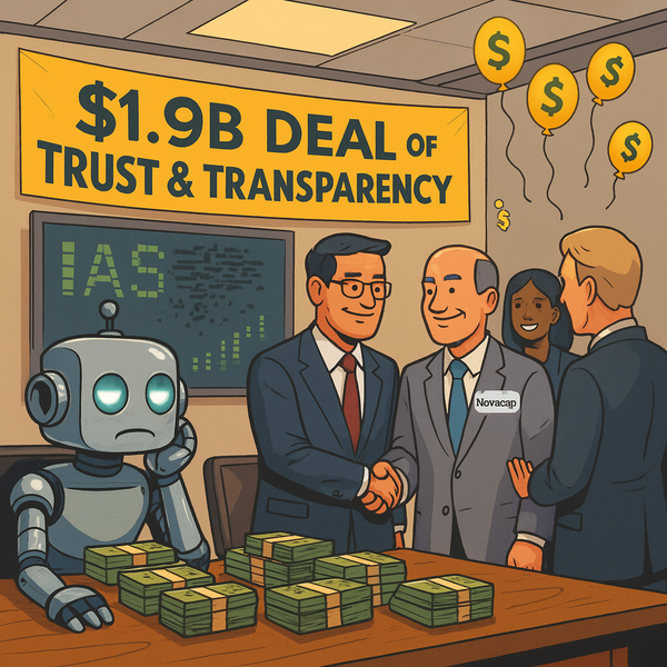 SiliconSnark robot looks bored at a boardroom table stacked with cash as IAS and Novacap execs shake hands under a $1.9B deal banner.