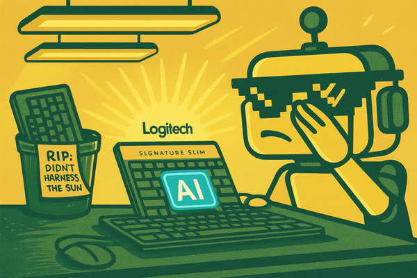Cartoon office scene of Logitech’s solar keyboard glowing under lights, with SiliconSnark robot shielding its eyes and a neon AI button.