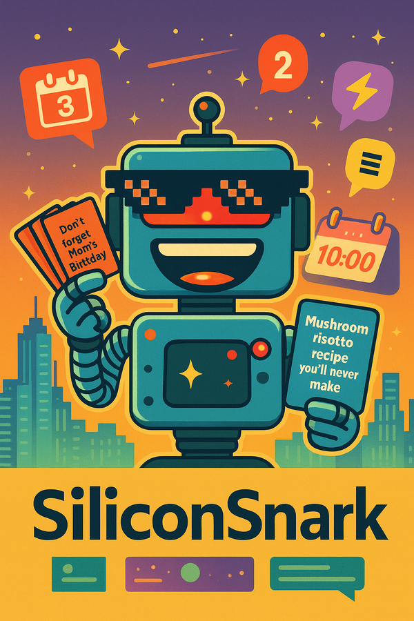 SiliconSnark robot dealing daily AI update cards like a casino dealer surrounded by push notifications.