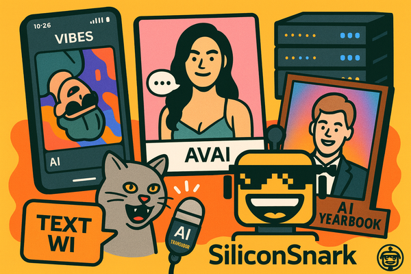  A collage of useless AI apps with Meta’s Vibes feed, a virtual girlfriend, AI yearbook photo, chat with Jesus, and cat translator, featuring a SiliconSnark robot cameo.