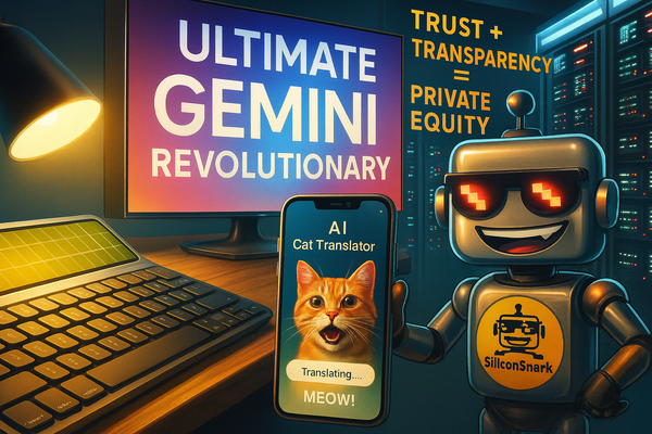 A satirical collage of 2025 tech hype featuring a solar keyboard, buzzword-filled TV, AI cat translator app, and the SiliconSnark robot smirking in a data center.