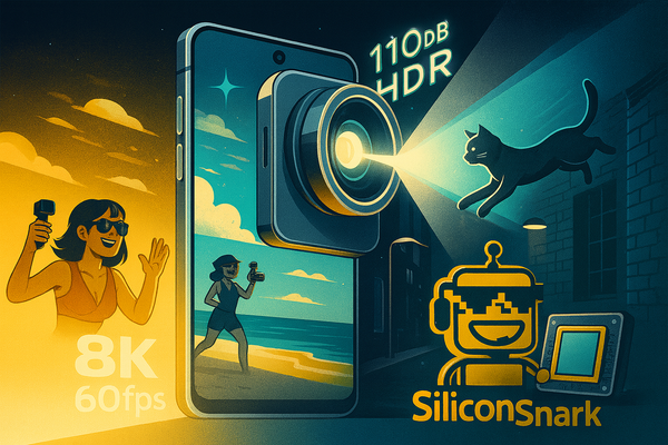 SiliconSnark robot smirking beside a glowing OV50R sensor powering cinematic cat videos.