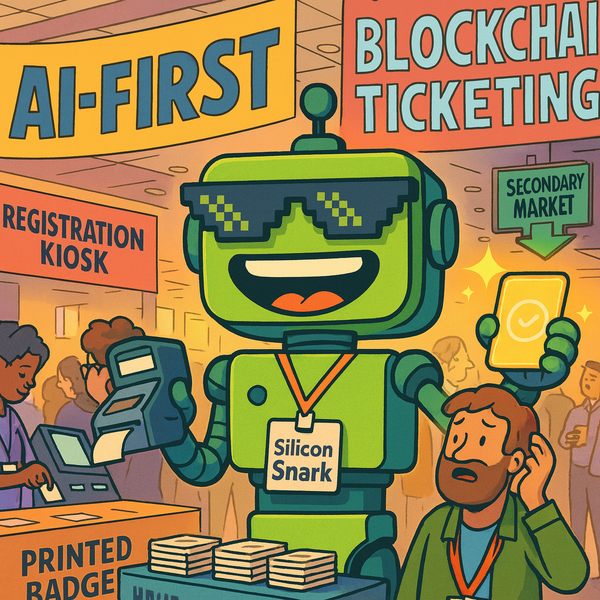 SiliconSnark robot at a convention holding a badge printer and blockchain ticket, surrounded by bold-font hype banners.