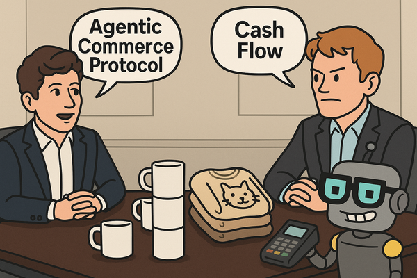 Sam Altman and Patrick Collison debate “Agentic Commerce Protocol” vs “Cash Flow” while the SiliconSnark robot grins with a credit card machine.