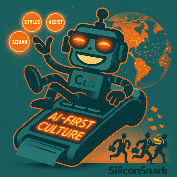 Cartoon SiliconSnark robot juggling Citi AI tools over a glowing world map with 80 markets lit up.