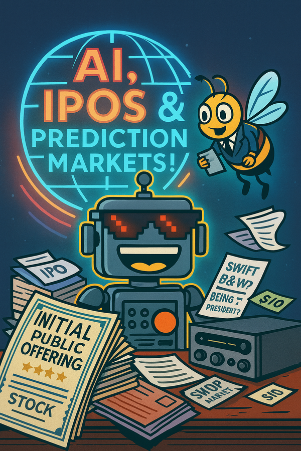 SiliconSnark robot at a chaotic news desk with stock slips, amplifiers, and a buzzing AI bee.