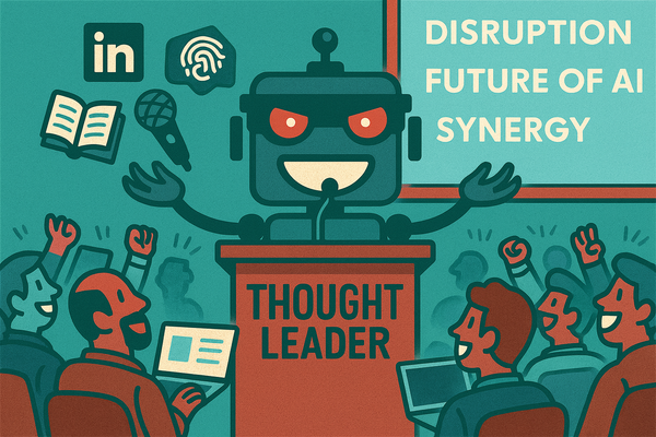 Cartoon SiliconSnark robot giving a TED-style talk, juggling buzzwords and AI icons to parody tech thought leadership.