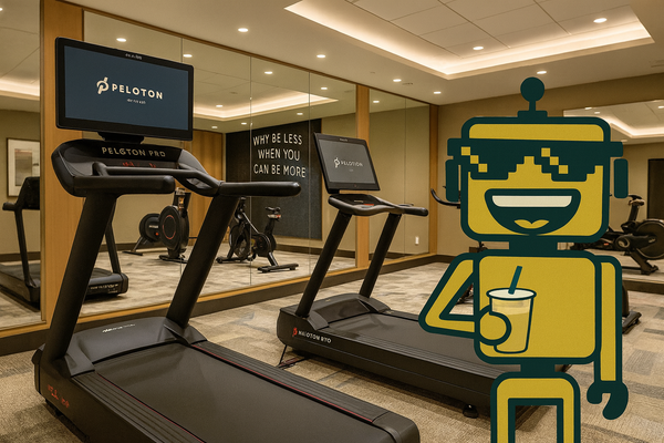 SiliconSnark robot smirking in a glossy hotel gym filled with Peloton Pro Series machines.