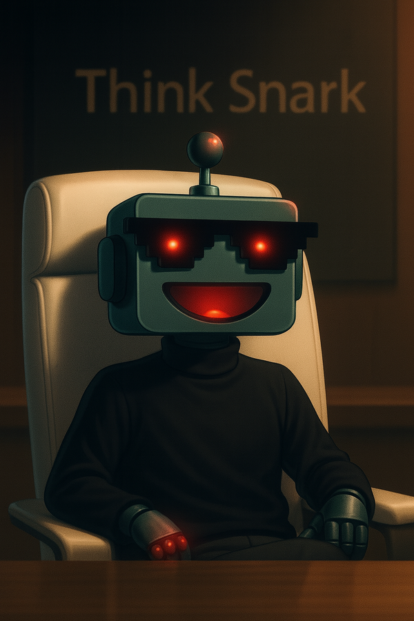 Illustration of the SiliconSnark robot sitting in the Apple Park boardroom chair, wearing a black turtleneck and glowing red eyes, with “Think Snark” projected behind it.