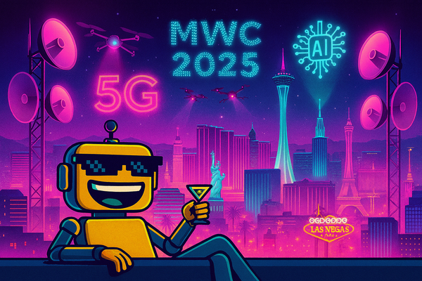 Futuristic Las Vegas skyline glowing in neon with the SiliconSnark robot lounging as drones project “MWC 2025” amid 5G and AI icons.