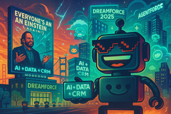 Futuristic Dreamforce 2025 scene with the SiliconSnark robot, neon city lights, and holographic AI billboards.