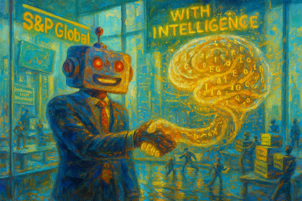 SiliconSnark robot shakes hands with a glowing data brain inside a futuristic corporate tower, parodying S&P Global’s $1.8 billion purchase of “With Intelligence.”