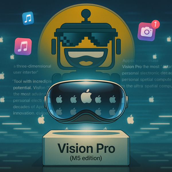 Futuristic Apple Store display of the Vision Pro M5 with the SiliconSnark robot peering through goggles amid floating app icons and glowing Apple logos.