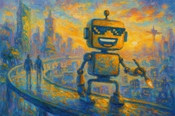 Impressionist sunrise cityscape with the smiling SiliconSnark robot painting a glowing futuristic skyline in vibrant blues, golds, and corals.