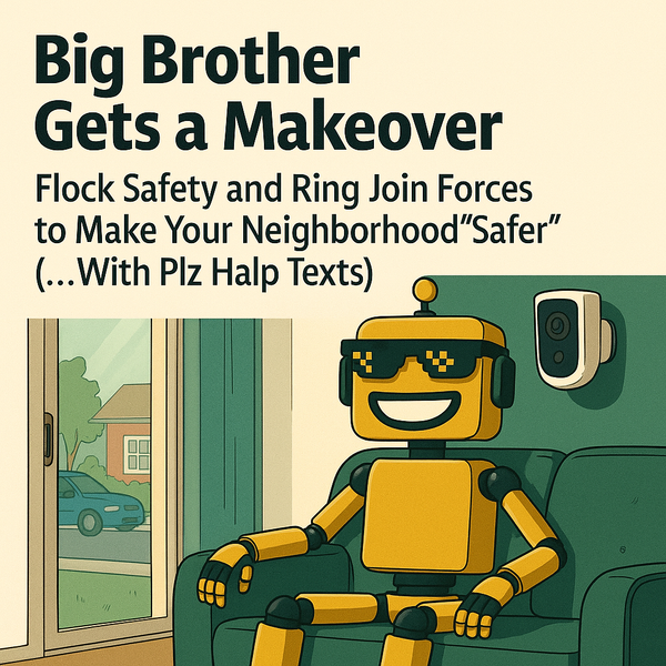 A smiling lifelike SiliconSnark robot lounges on a couch beside a Ring camera in a suburban living room, blending humor and surveillance satire.