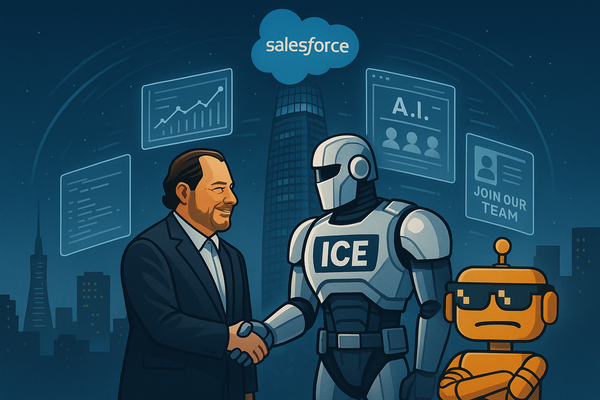 Marc Benioff shakes hands with a robotic ICE agent under the glowing Salesforce Tower as the unimpressed SiliconSnark robot looks on.