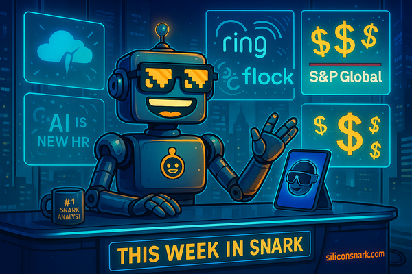 Futuristic newsroom scene with the SiliconSnark robot anchoring “This Week in Snark,” surrounded by glowing holograms of absurd tech headlines.