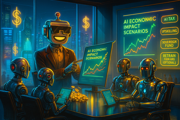 Robots in suits debate AI economic policies as the SiliconSnark robot leads a futuristic conference on the post-human economy.