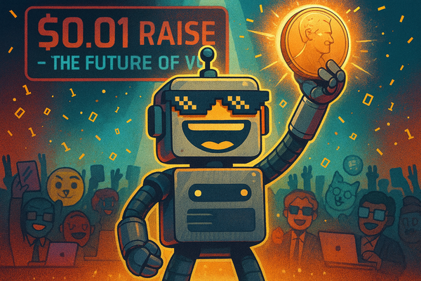 Cartoon-style illustration of the SiliconSnark robot mascot wearing pixelated sunglasses and holding a giant glowing penny above its head.