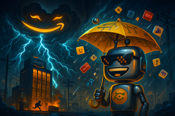 The SiliconSnark robot stands under a circuit-board umbrella as lightning strikes an AWS data center collapsing under storm clouds shaped like the Amazon logo.