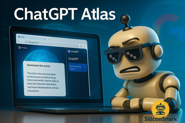 The SiliconSnark robot leans skeptically toward a laptop displaying the new ChatGPT Atlas browser, glowing with futuristic blue light.