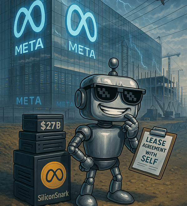 SiliconSnark robot outside Meta’s massive Hyperion AI data center, holding a lease agreement with itself.