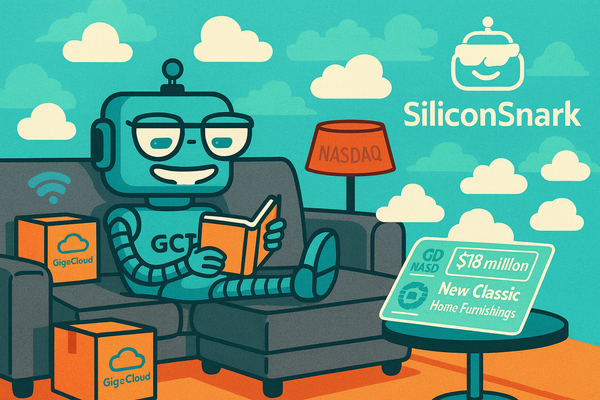 SiliconSnark robot reclining on a couch surrounded by floating GigaCloud logos.