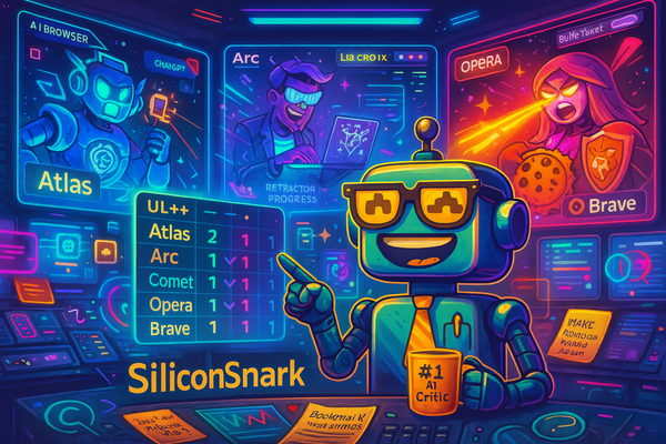 SiliconSnark robot critiques AI browsers in a neon-lit command center with a leaderboard and glowing screens.