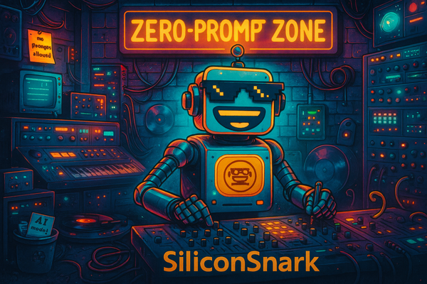 Futuristic neon studio with the SiliconSnark robot mixing music under a glowing “Zero-Prompt Zone” sign surrounded by analog gear and cables.