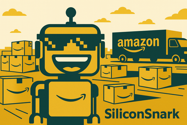 The SiliconSnark robot smiling while a sea of Amazon boxes packs itself into trucks, labeled “AI efficiency drive.”