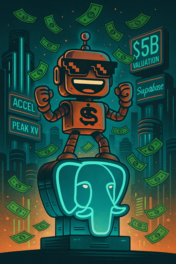 SiliconSnark robot with pixelated glasses stands atop a glowing Postgres elephant as dollar bills rain down, celebrating Supabase’s $5B valuation.