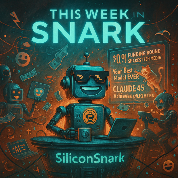 SiliconSnark robot anchors a chaotic space newsroom, surrounded by floating robots, cash, AI symbols, and glowing headlines in neon blue and rusty red tones.