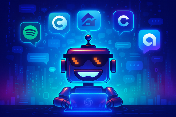 Futuristic chat scene with the SiliconSnark robot surrounded by glowing app icons representing ChatGPT’s new in-chat apps.