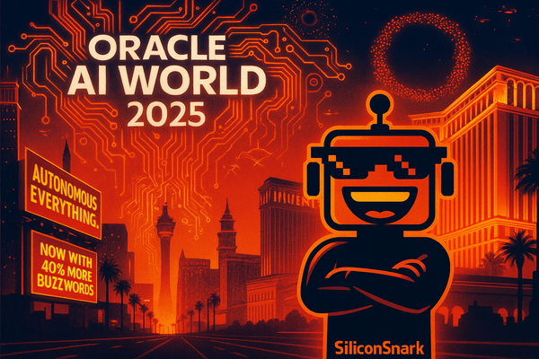 Futuristic Las Vegas skyline glowing Oracle-red with the SiliconSnark robot and neon billboards for Oracle AI World 2025.