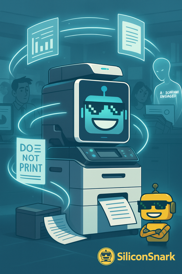 Futuristic AI printer surrounded by floating documents as the SiliconSnark robot watches with amused disapproval.