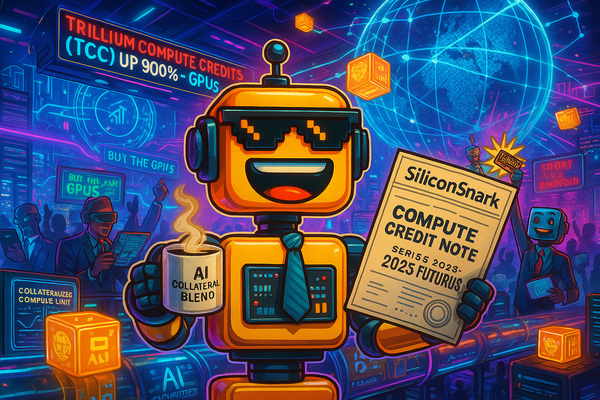 The SiliconSnark robot stands in a neon-lit trading floor where investors buy and sell “Compute Credits,” surrounded by glowing servers.
