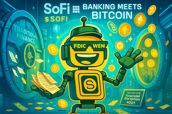 The SiliconSnark robot wearing a banker’s visor, juggling Bitcoin and FDIC paperwork in a glowing digital vault.