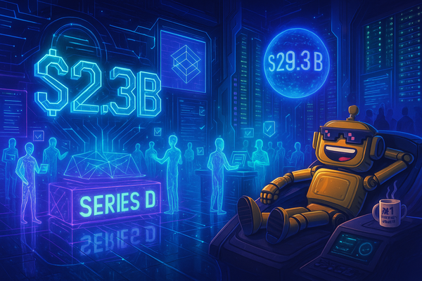 Cinematic tech illustration of Cursor’s $2.3B Series D funding, showing holographic code, glowing valuation displays, and the SiliconSnark robot lounging with a coffee mug.