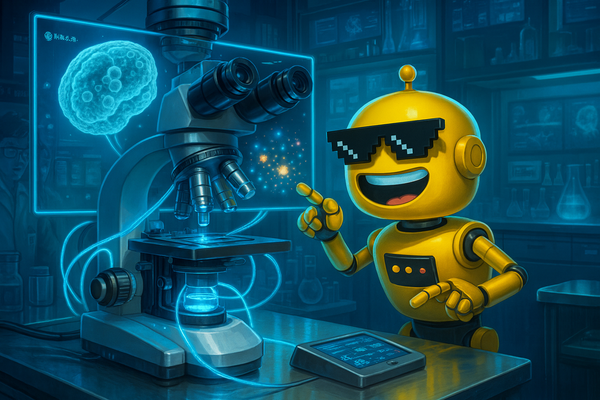 SiliconSnark robot wearing pixelated sunglasses examines holographic cells with a futuristic microscope in a high-tech lab.
