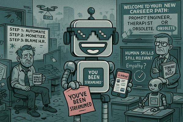A smug robot named SiliconSnark hands out pink slips in a dystopian office as humans face AI takeover.