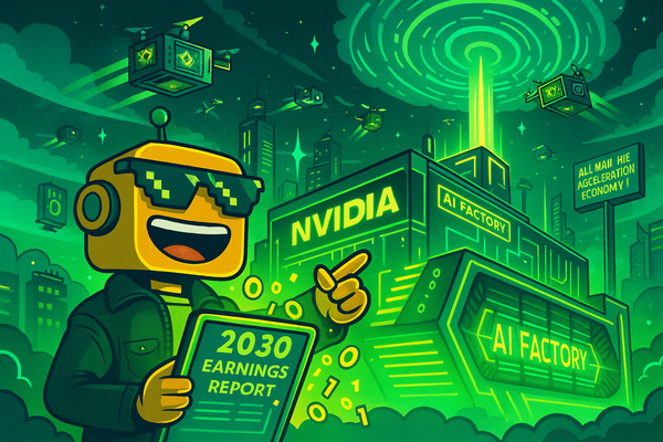 SiliconSnark robot in sunglasses unveils a glowing 2030 NVIDIA earnings report in front of a massive neon AI factory.