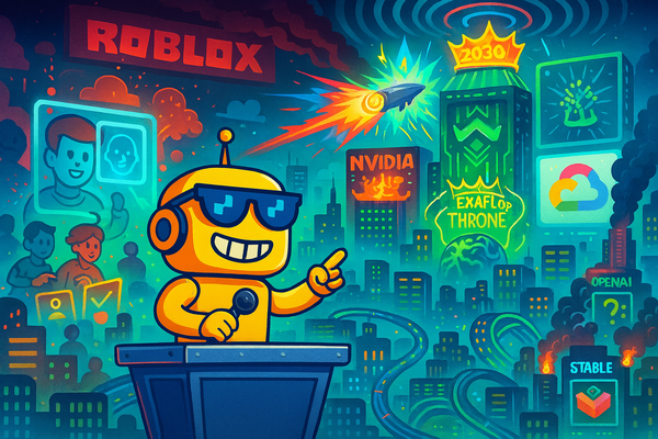 SiliconSnark robot delivering a chaotic tech news broadcast in a neon futuristic city.