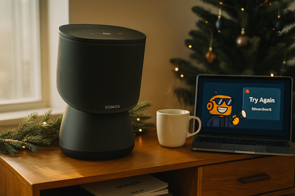 Sonos Era 300 on a holiday-decorated console beside a steaming mug and laptop showing the SiliconSnark robot with a "Try Again" message.